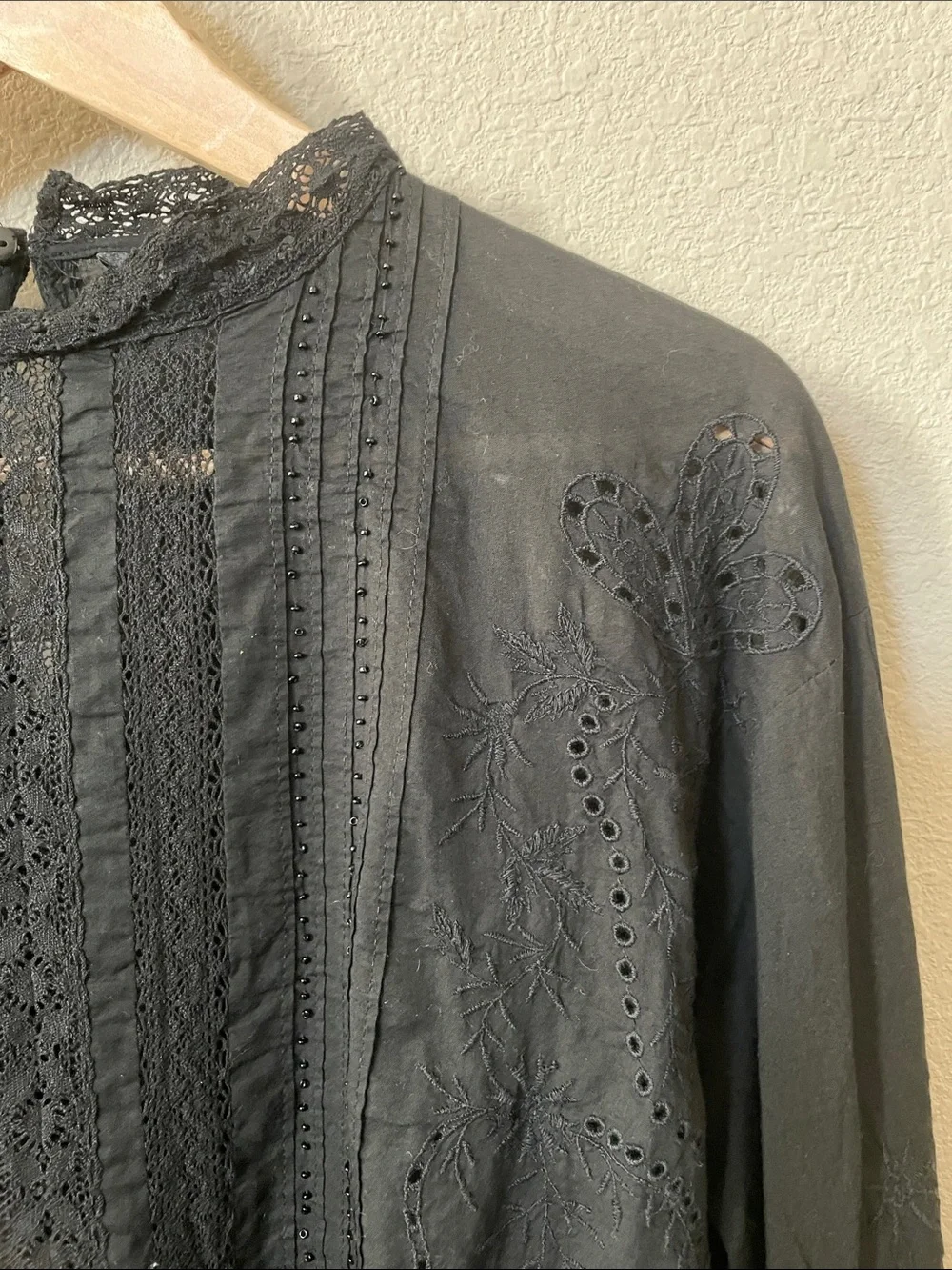 Zara Black Lace-Trim Long-Sleeve Blouse Top Sz:M Black